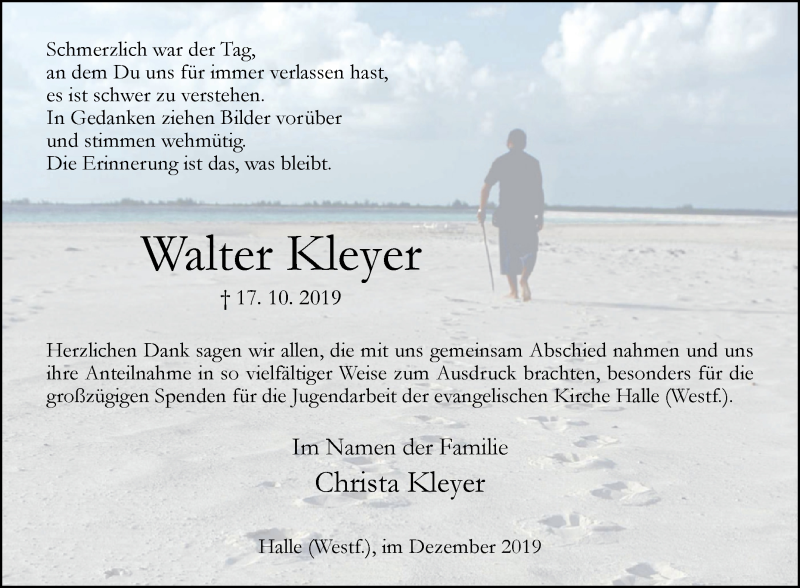  Traueranzeige für Walter Kleyer vom 07.12.2019 aus Westfalen-Blatt