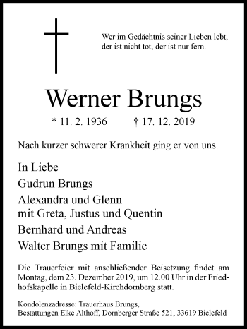 Traueranzeige von Werner Brungs von Westfalen-Blatt