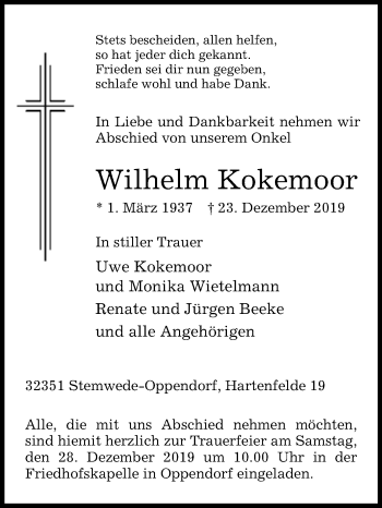 Traueranzeige von Wilhelm Kokemoor von Westfalen-Blatt