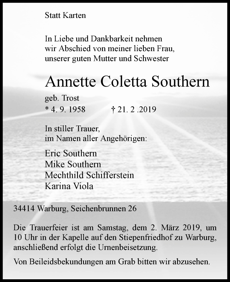  Traueranzeige für Annette Coletta Southern vom 23.02.2019 aus Westfalen-Blatt