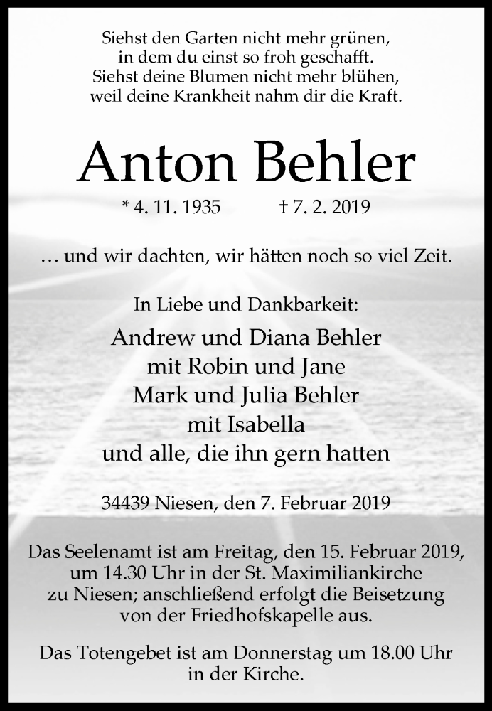  Traueranzeige für Anton Behler vom 09.02.2019 aus Westfalen-Blatt