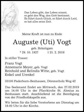Traueranzeige von Auguste Uti Vogt von Westfalen-Blatt