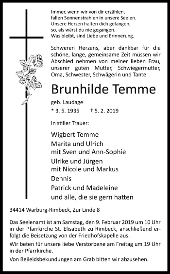 Traueranzeige von Brunhilde Temme von Westfalen-Blatt