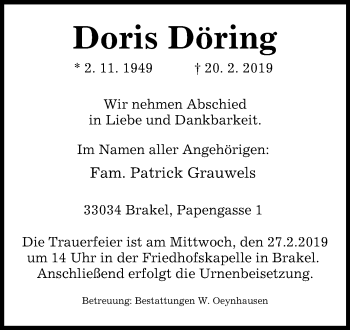 Traueranzeige von Doris Döring von Westfalen-Blatt