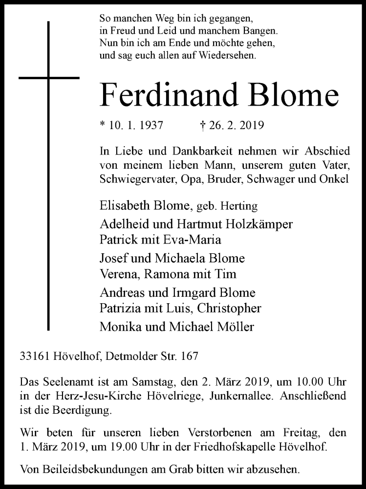  Traueranzeige für Ferdinand Blome vom 28.02.2019 aus Westfalen-Blatt