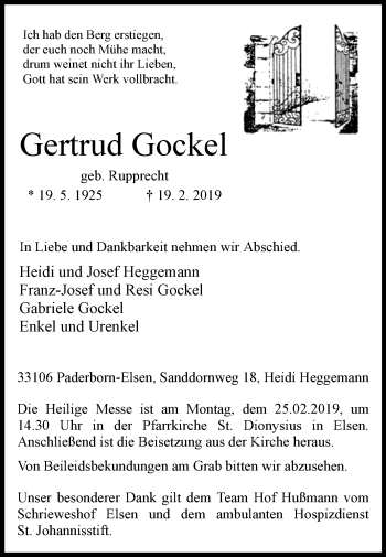 Traueranzeige von Gertrud Gockel von Westfalen-Blatt