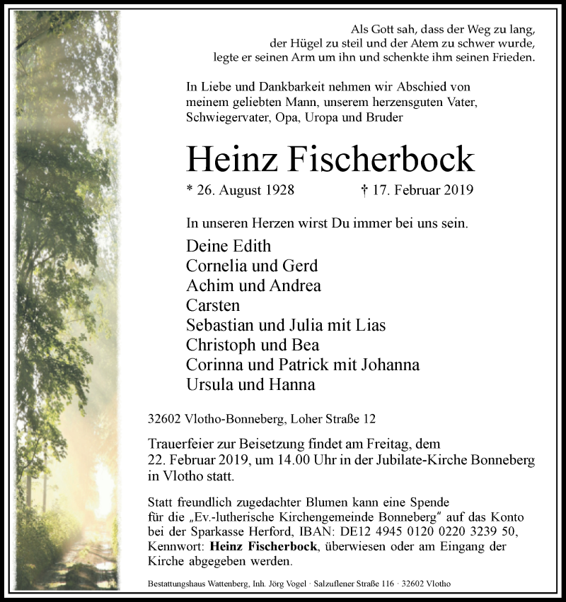  Traueranzeige für Heinz Fischerbock vom 19.02.2019 aus Westfalen-Blatt