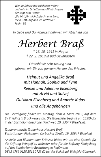 Traueranzeige von Herbert Braß von Westfalen-Blatt