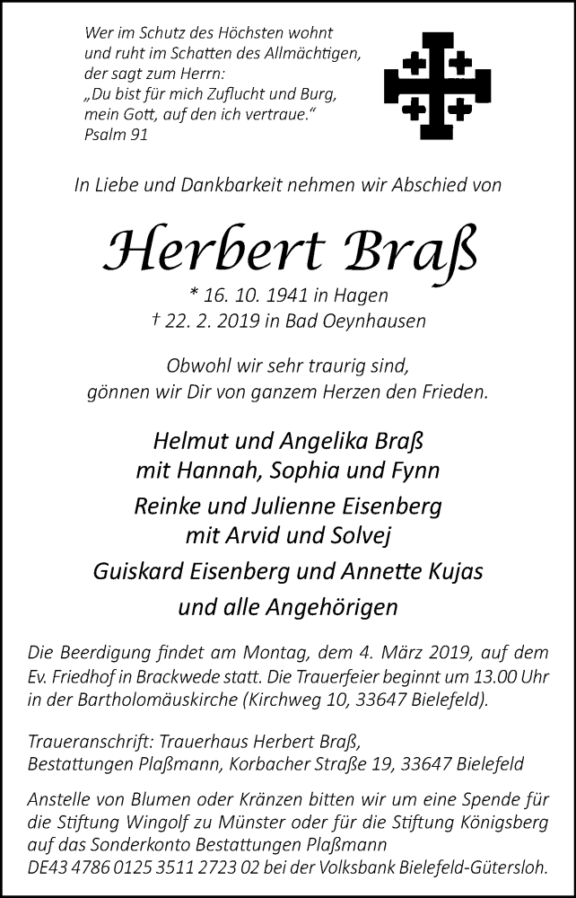  Traueranzeige für Herbert Braß vom 27.02.2019 aus Westfalen-Blatt