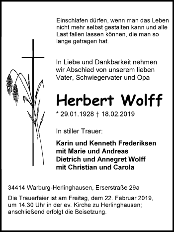 Traueranzeige von Herbert Wolff von Westfalen-Blatt