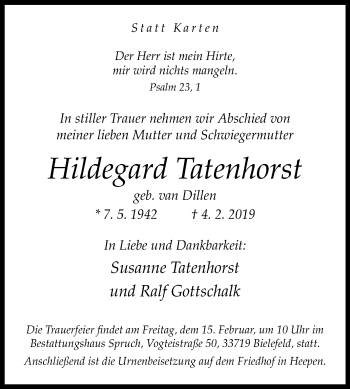 Traueranzeige von Hildegard Tatenhorst