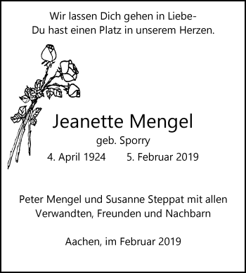 Traueranzeige von Jeanette Mengel von Westfalen-Blatt