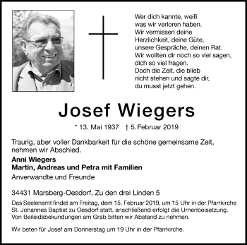 Traueranzeige von Josef Wiegers von Westfalen-Blatt