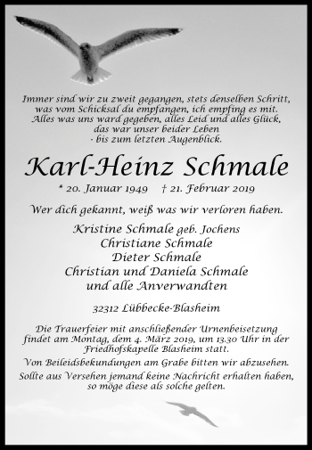 Traueranzeige von Karl-Heinz Schmale von Westfalen-Blatt