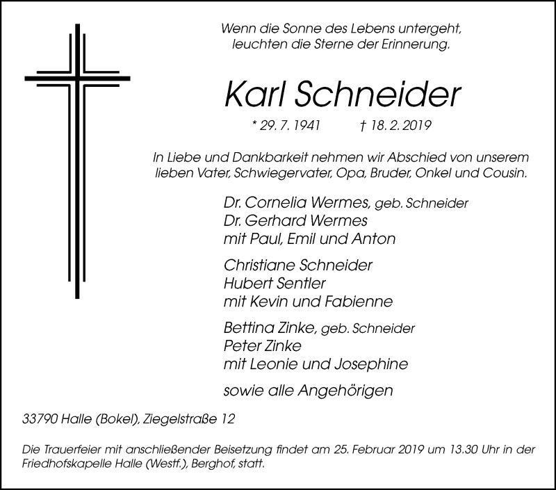  Traueranzeige für Karl Schneider vom 23.02.2019 aus Westfalen-Blatt