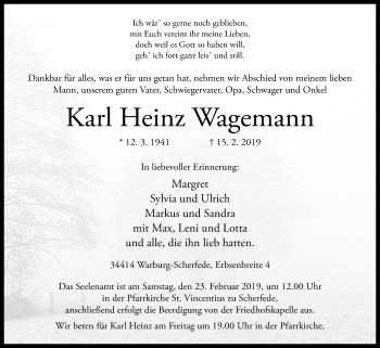 Traueranzeige von Karl Heinz Wagemann von Westfalen-Blatt