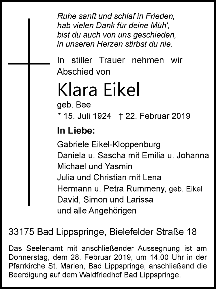  Traueranzeige für Klara Eikel vom 25.02.2019 aus Westfalen-Blatt