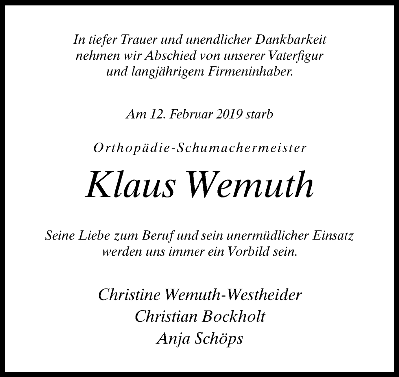  Traueranzeige für Klaus Wemuth vom 14.02.2019 aus Westfalen-Blatt
