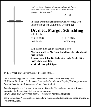 Traueranzeige von Margot Schlichting von Westfalen-Blatt