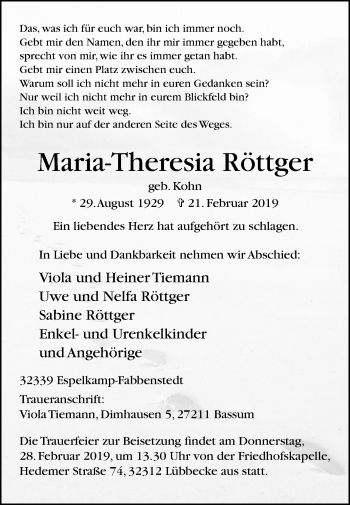 Traueranzeige von Maria-Theresia Röttger von Westfalen-Blatt
