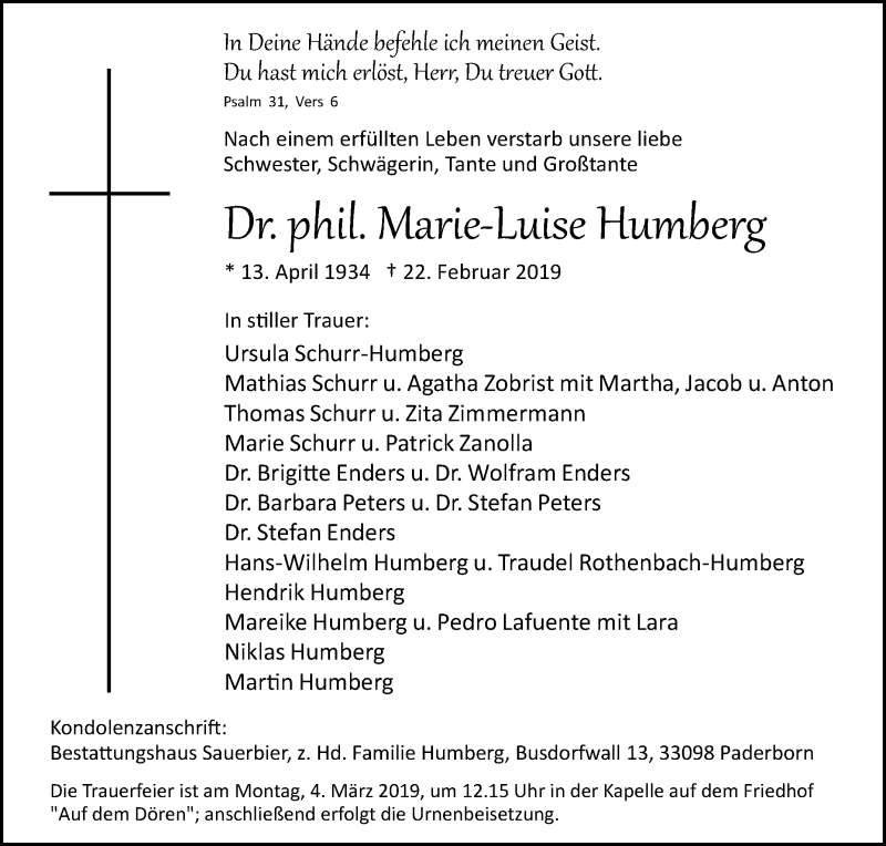  Traueranzeige für Marie-Luise Humberg vom 27.02.2019 aus Westfalen-Blatt