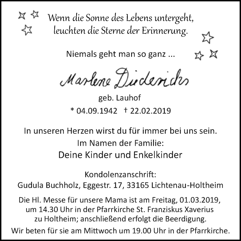  Traueranzeige für Marlene Diederichs vom 26.02.2019 aus Westfalen-Blatt