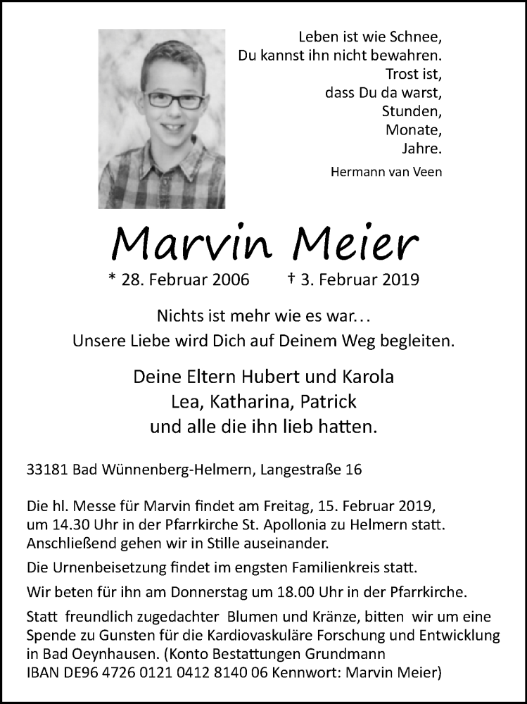  Traueranzeige für Marvin Meier vom 08.02.2019 aus Westfalen-Blatt