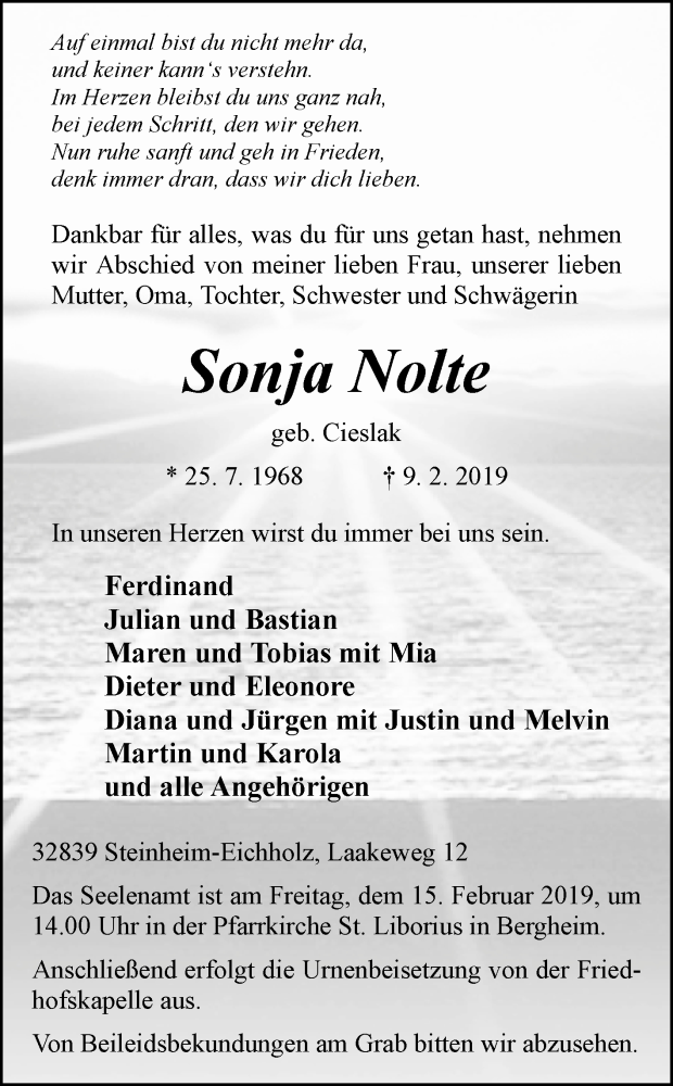  Traueranzeige für Sonja Nolte vom 12.02.2019 aus Westfalen-Blatt