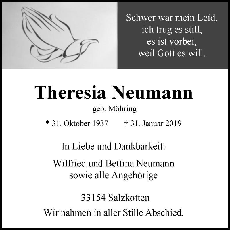  Traueranzeige für Theresia Neumann vom 09.02.2019 aus Westfalen-Blatt