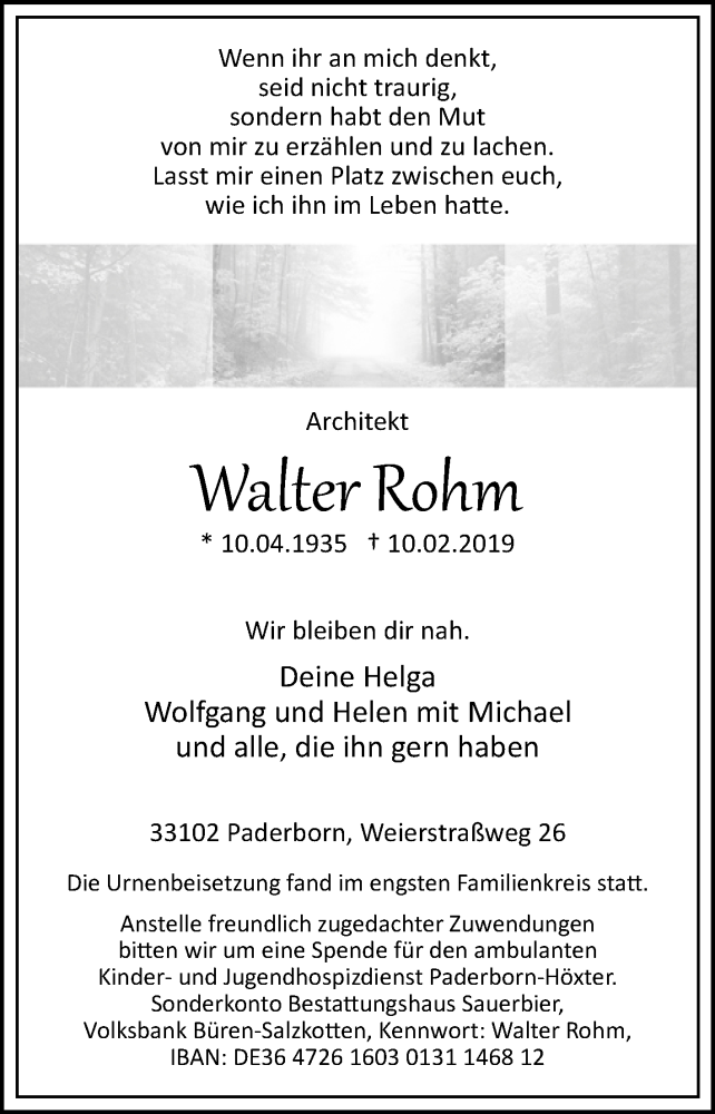  Traueranzeige für Walter Rohm vom 23.02.2019 aus Westfalen-Blatt