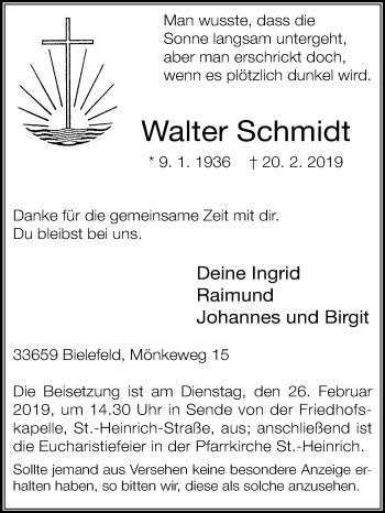 Traueranzeige von Walter Schmidt von Westfalen-Blatt