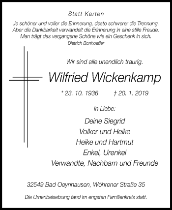 Traueranzeige von Wilfried Wickenkamp von Westfalen-Blatt