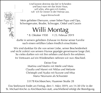 Traueranzeige von Willi Montag von Westfalen-Blatt