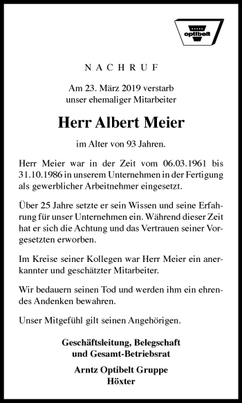 Traueranzeige von Albert Meier von Westfalen-Blatt
