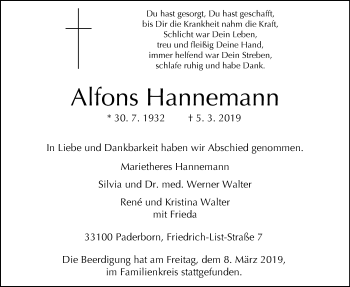 Traueranzeige von Alfons Hannemann von Westfalen-Blatt