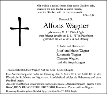Traueranzeige von Alfons Wagner von Westfalen-Blatt