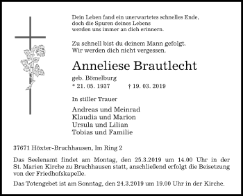 Traueranzeige von Anneliese Brautlecht von Westfalen-Blatt