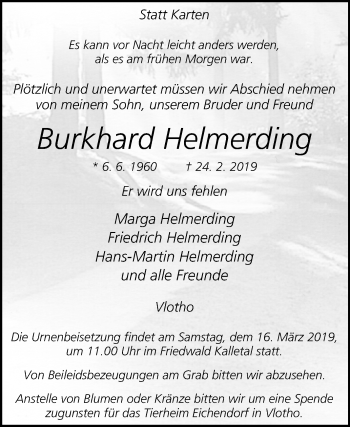 Traueranzeige von Burkhard Helmerding von Westfalen-Blatt