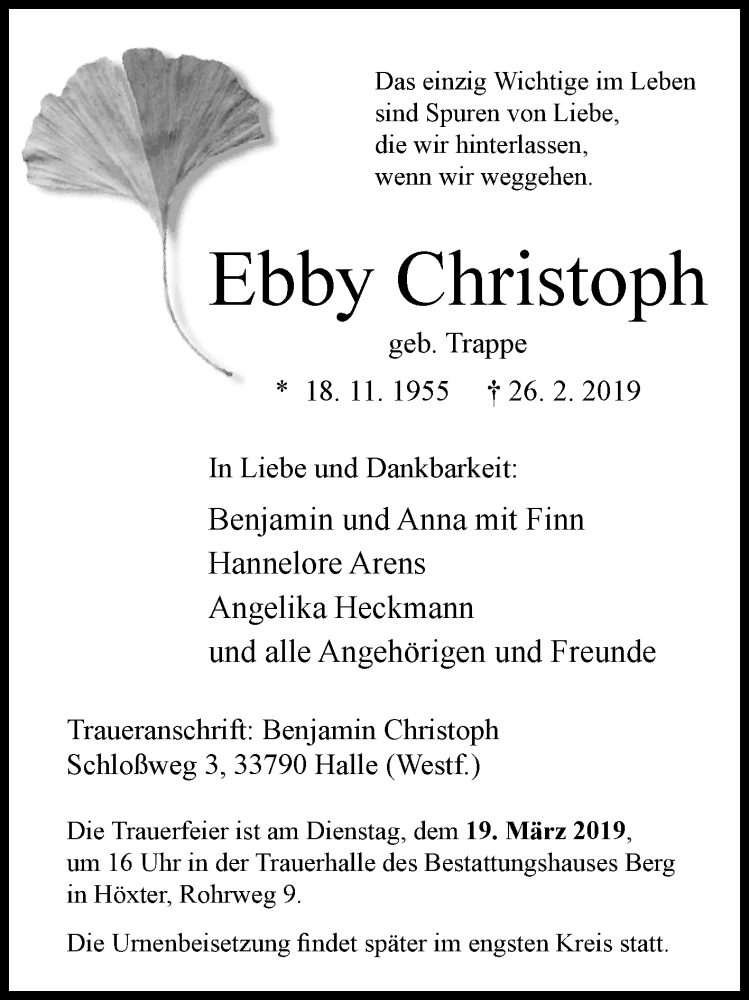  Traueranzeige für Ebby Christoph vom 09.03.2019 aus Westfalen-Blatt