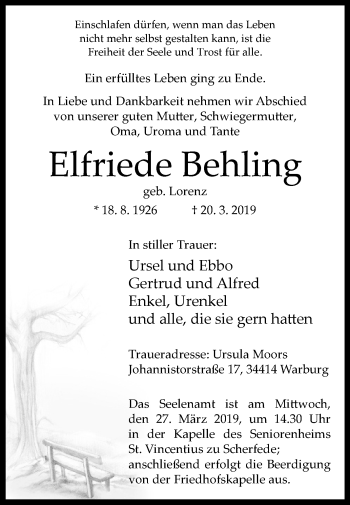 Traueranzeige von Elfriede Behling von Westfalen-Blatt