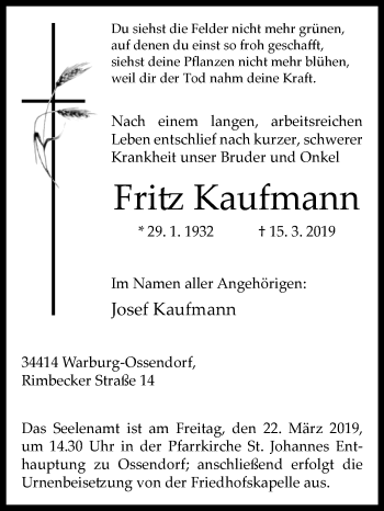 Traueranzeige von Fritz Kaufmann von Westfalen-Blatt