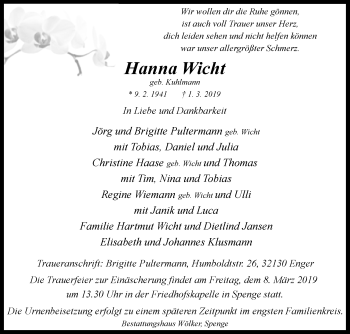 Traueranzeige von Hanna Wicht von Westfalen-Blatt