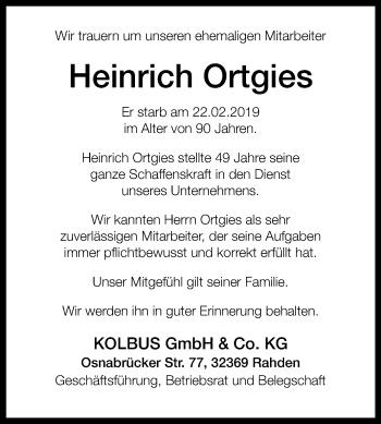 Traueranzeige von Heinrich Ortgies von Westfalen-Blatt