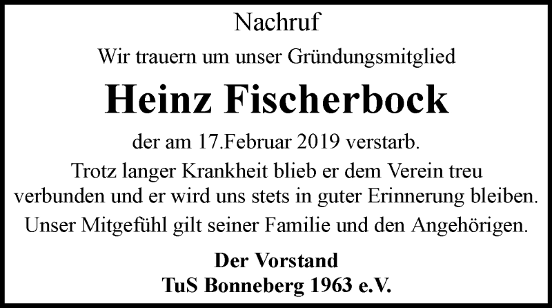  Traueranzeige für Heinz Fischerbock vom 12.03.2019 aus Westfalen-Blatt