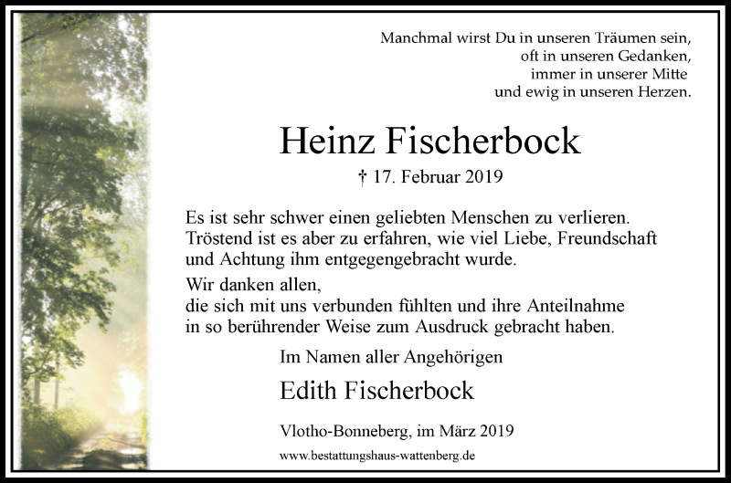  Traueranzeige für Heinz Fischerbock vom 22.03.2019 aus Westfalen-Blatt