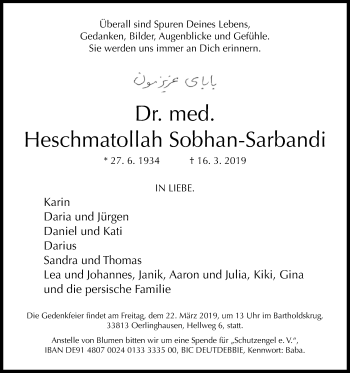 Traueranzeige von Heschmatollah Sobhan-Sarbandi von Westfalen-Blatt