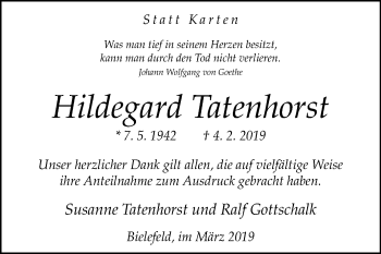 Traueranzeige von Hildegard Tatenhorst