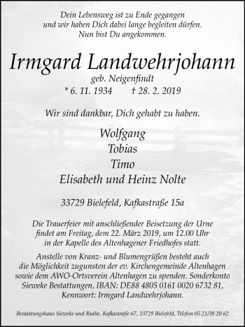 Traueranzeige von Irmgard Landwehrjohann von Westfalen-Blatt