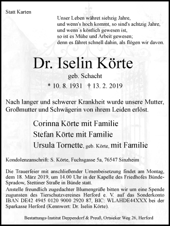 Traueranzeige von Iselin Körte von Westfalen-Blatt