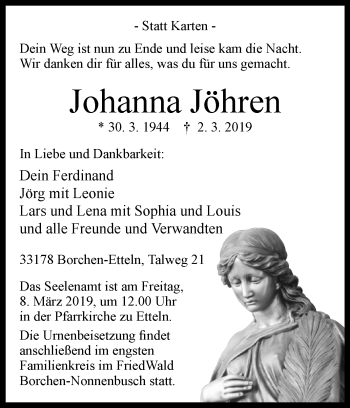Traueranzeige von Johanna Jöhren von Westfalen-Blatt